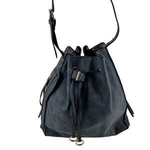 JustFab faux leather drawstring bag side tassel gold hardware spacious on the go